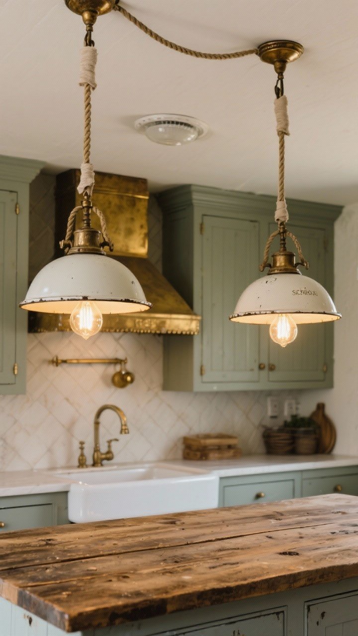 Medium shot, straight-on: Antique lighting ensemble in a farmhouse kitchen—two oversized enamel factory pendants over a worn wood island, a milk glass schoolhouse-style flush mount over the sink, aged brass canopies and cloth-wrapped cords; bulbs glowing at 2700K for a golden, nostalgic ambiance; painted cabinets receding, focus on fixtures’ character.