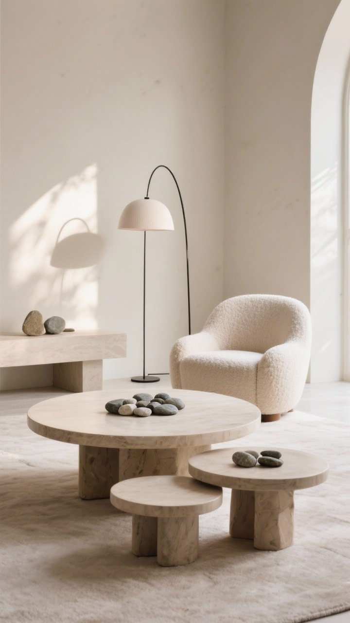 Medium shot, straight-on: Embracing curves—a rounded-edge coffee table with pebble-like nesting tables partially tucked beneath, an arched floor lamp sweeping over, and a curvy accent chair in bouclé; neutral colorway with river-stone inspiration; gentle afternoon light, softened edges everywhere.