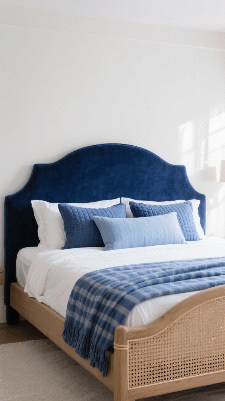 Medium shot, straight-on: Statement bed as the focal point—curved velvet headboard in midnight blue, layered with a tonal quilt, crisp white sheets, navy euro shams in back, standard pillows in front, and a long lumbar pillow to finish. Optional variation: cane headboard with powder blue linen duvet and a striped indigo throw folded at the foot. Gentle morning light, uncluttered surroundings.