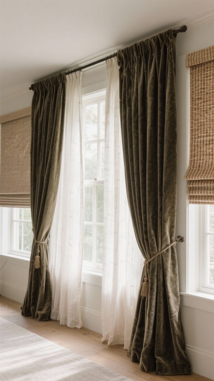 Medium shot straight-on: windows dressed with layered treatments—sheer linen panels paired with heavier lined velvet drapes hung high and wide; adjacent Roman shades in textured fabric; a woven wood shade sample on the side; subtle pattern like pinstripes or tiny checks; soft daylight filtering for warmth and privacy.
