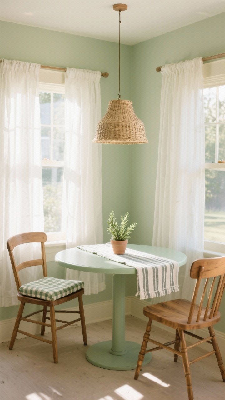 Medium shot, Sun-Dappled Breakfast Nook: a bright corner with a round bistro table painted soft sage, two mismatched wooden chairs with tiny gingham seat cushions, gauzy white curtains filtering morning light; a woven pendant overhead, a striped linen runner centered on the table, and a small potted rosemary plant adding scent; color notes of sage green, buttercream, and natural wood; soft daylight with gentle shadows, corner angle, photorealistic.