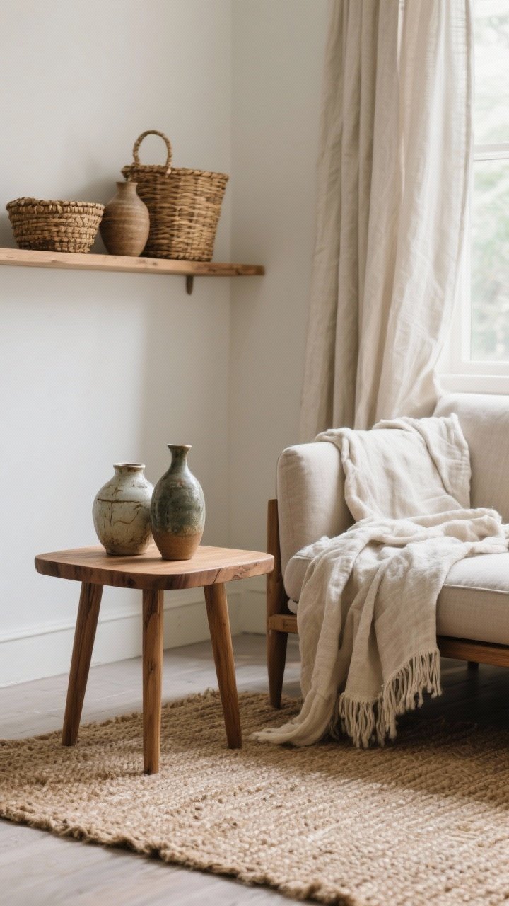 Medium shot: Sustainable choices—solid wood side table (FSC-certified) beside a sofa with linen or organic cotton curtains pooling slightly; wool or jute area rug underfoot; thrifted ceramic vases and woven baskets styled on a shelf; natural daylight, authentic and quality-forward feel.