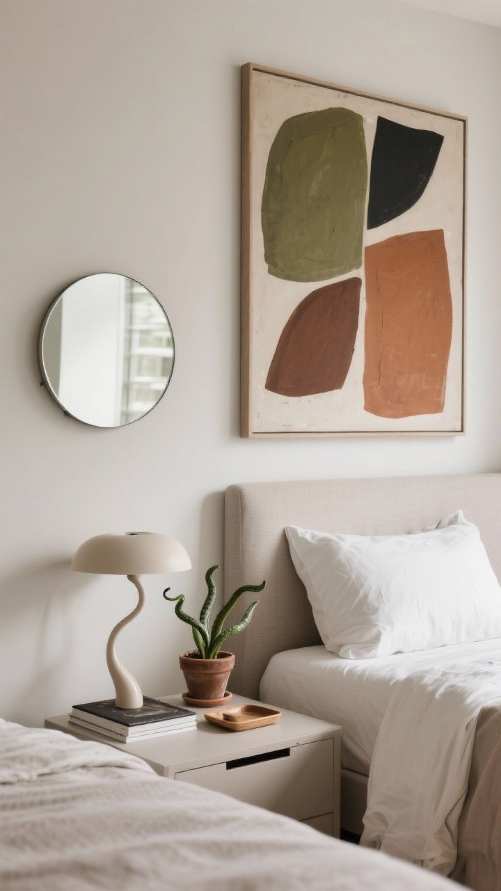 Medium shot: The wall above the bed features one large abstract artwork in calming earth tones (olive, rust, cocoa) centered above the headboard. A round mirror with a thin frame hangs on an adjacent wall to introduce organic curves, and a single sculptural curved lamp sits on the nightstand. A small potted snake plant provides a live element. Nightstand styling is edited: lamp, one book, a small tray, and one minimal decor object—nothing more. Natural daylight, clean negative space, photorealistic.