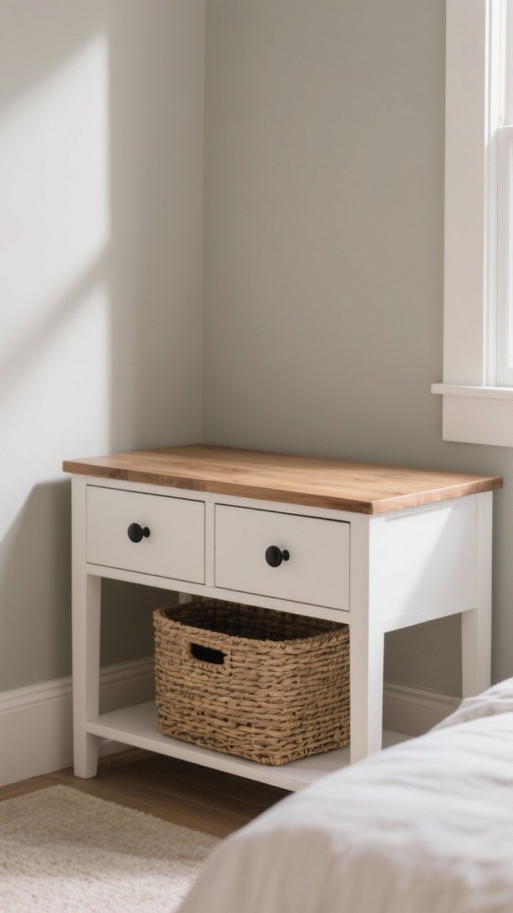 Medium shot: two-tone modern farmhouse nightstand with a warm white painted base and natural wood top, matte black knobs, a woven basket tucked underneath for chic storage, set against greige walls to echo color harmony, soft morning light from a nearby window, subtle shadows, photorealistic, angle from the room corner to show contrast and depth.