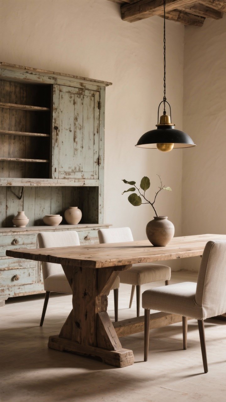 Medium shot vignette mixing old and new: a chunky antique farm table as anchor with simple modern upholstered chairs (clean lines, neutral fabric), an aged cabinet in the background styled with minimal unglazed ceramics and a single leafy branch in a vessel; modern lighting overhead (sleek blackened iron or brass pendant) to sharpen the rustic scene; warm, balanced daylight with slight side shadow