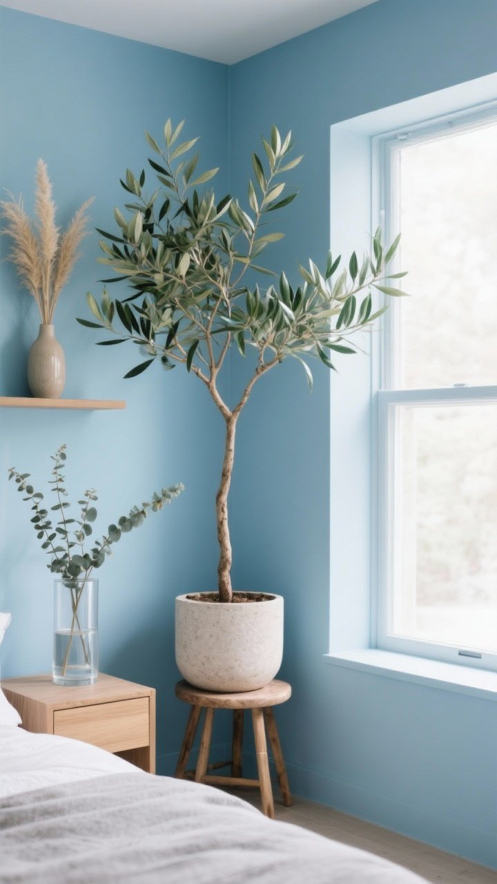 Medium shot, window corner: Bringing nature into a glacier blue space—an olive tree or ficus in a light wood or stone planter providing height; a ZZ plant on a low stool; eucalyptus stems in a ceramic vase on the nightstand; a clear cylinder with a single large branch in water for minimalist chic; dried grasses in a slim vase on a shelf; bright natural light, fresh and calm.