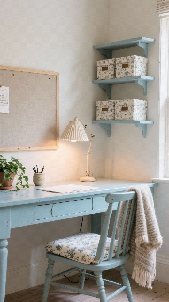 Medium shot, Work-From-Home Cottage Study: painted wood desk in duck egg blue with a spindle-back chair featuring a micro-floral cushion; one wall lined with simple bracket shelves holding fabric-covered storage boxes; a linen-wrapped pinboard above the desk; lighting from a pleated shade desk lamp and a small floor lamp in the corner; decor includes potted ivy, a ceramic pen cup, and a wool throw draped over the chair; soft daylight plus lamp glow, corner angle, photorealistic.