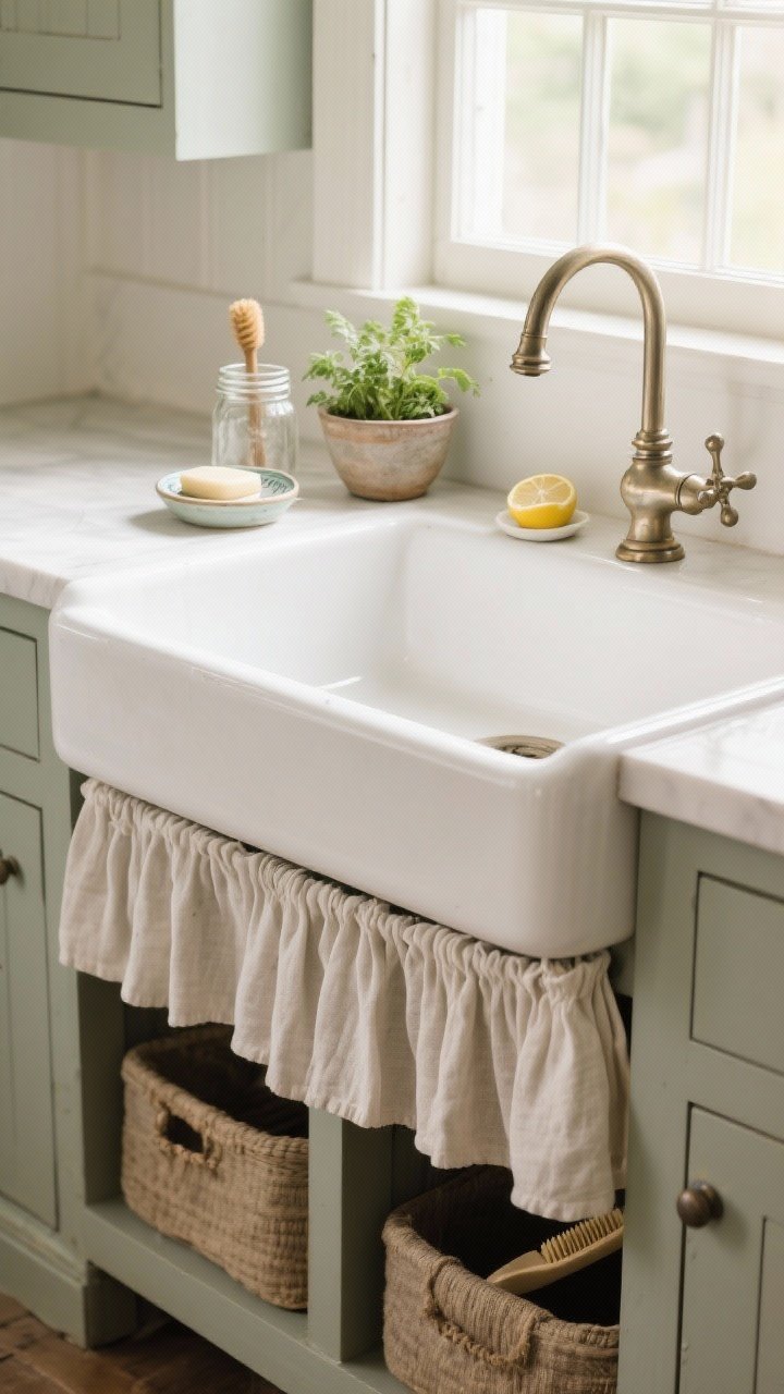 Medium sink vignette: classic bridge faucet over a farmhouse-style sink, linen skirt (café curtain) on a rod concealing under-sink storage, ceramic soap dish and small brush in a mason jar, and a tiny potted herb and lemon bowl on the sill; soft daylight glinting on fixtures; fresh, lived-in cottage charm, photorealistic