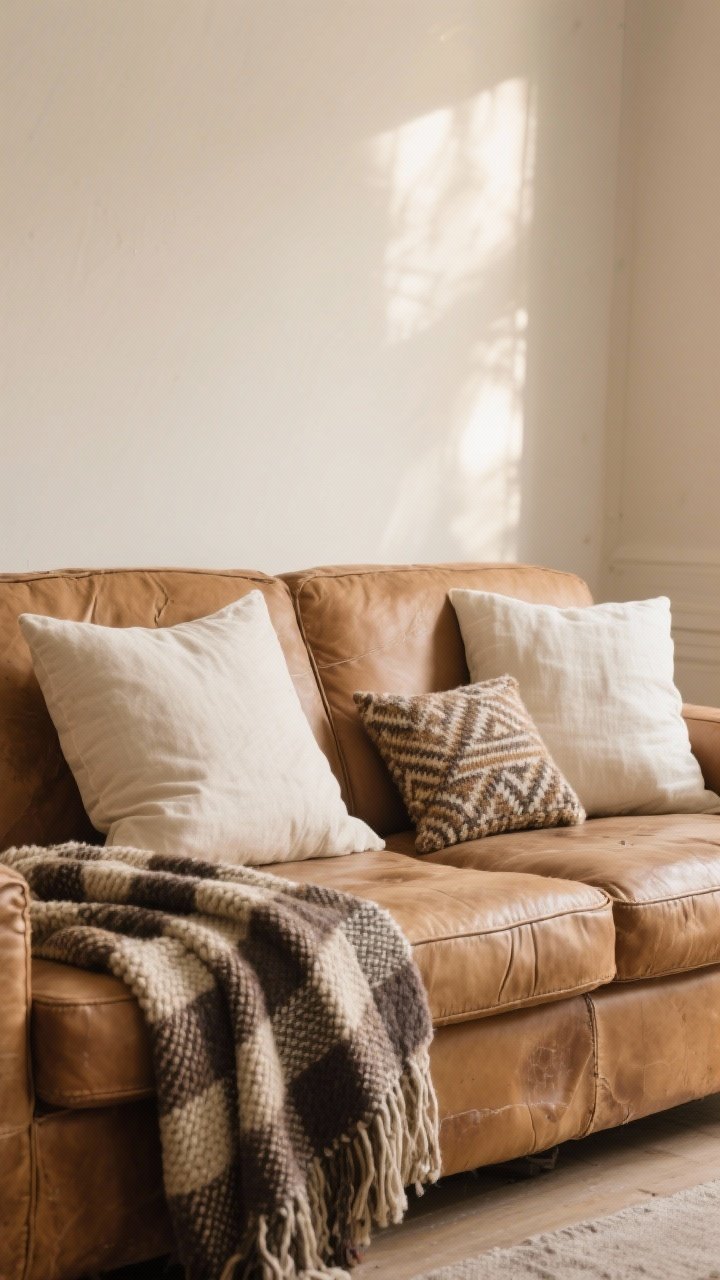 Medium sofa scene featuring lived-in fabrics: a camel leather sofa with natural creases and wear, styled with two oversized ivory linen pillows, one patterned wool pillow, and a narrow lumbar; a chunky knit plaid wool throw draped casually; soft, diffused warm light enhancing the patina and fabric texture; photorealistic.