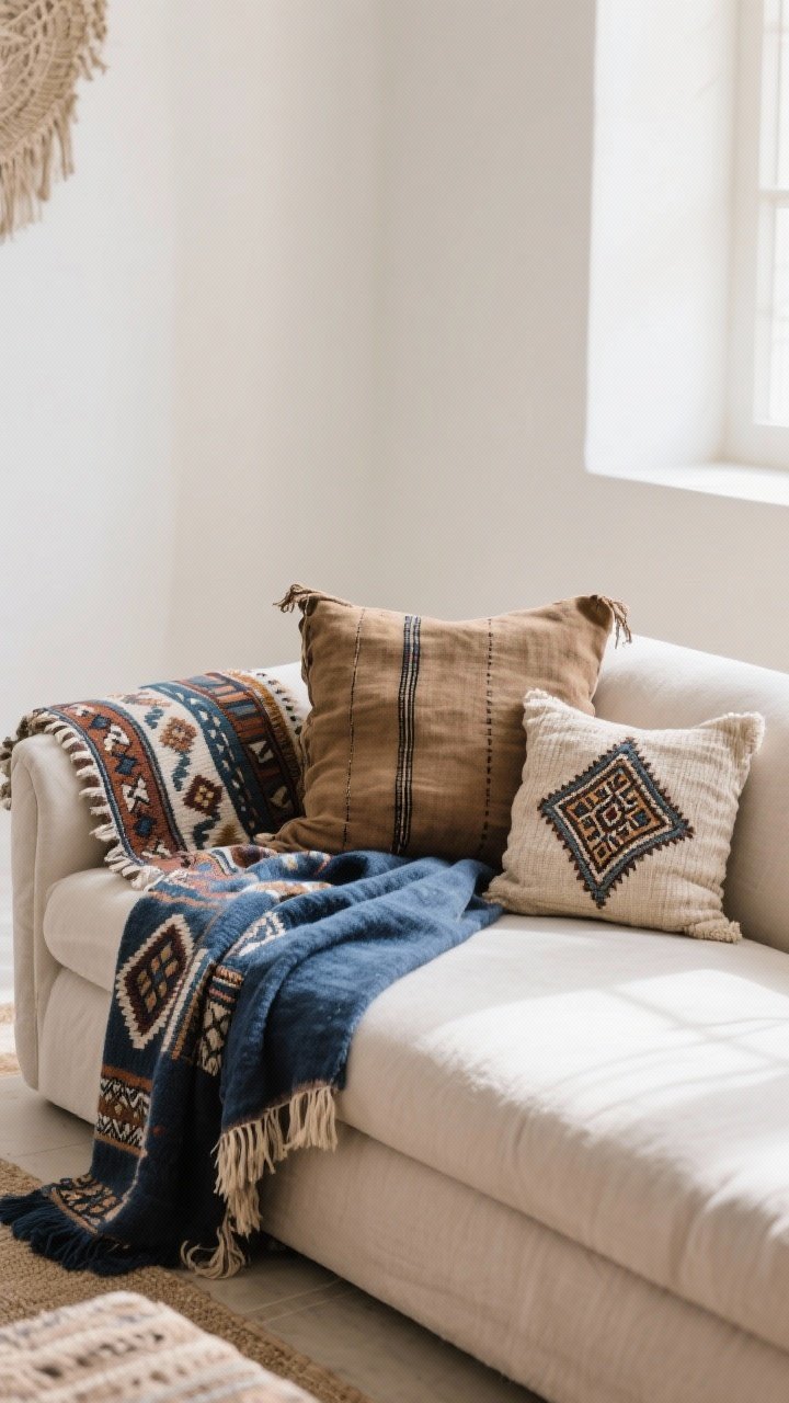Medium sofa vignette focusing on global textiles: neutral base with a few intentional accents—mudcloth pillow, indigo throw, a Turkish kilim draped on the arm, and a small suzani cushion; natural fibers (cotton, wool, linen) emphasized; balanced, respectful mix with breathing room; gentle daylight.