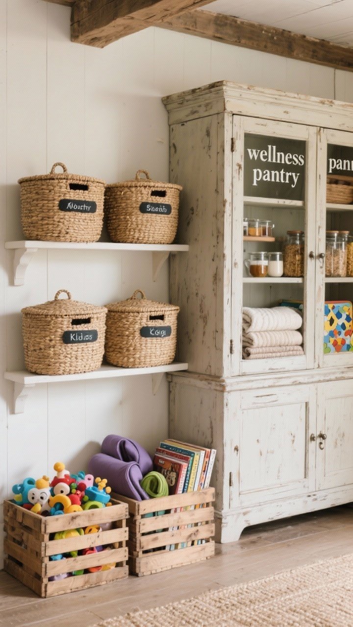 Medium storage vignette: Beautiful farmhouse storage that doubles as decor. A trio of woven lidded baskets labeled discreetly for blankets, kids’ toys, and yoga gear; wooden crates neatly holding cookbooks and pantry overflow; an antique armoire styled as a “wellness pantry” with teas, puzzles, and folded throws. Neutral palette, tactile materials, tidy and photogenic.