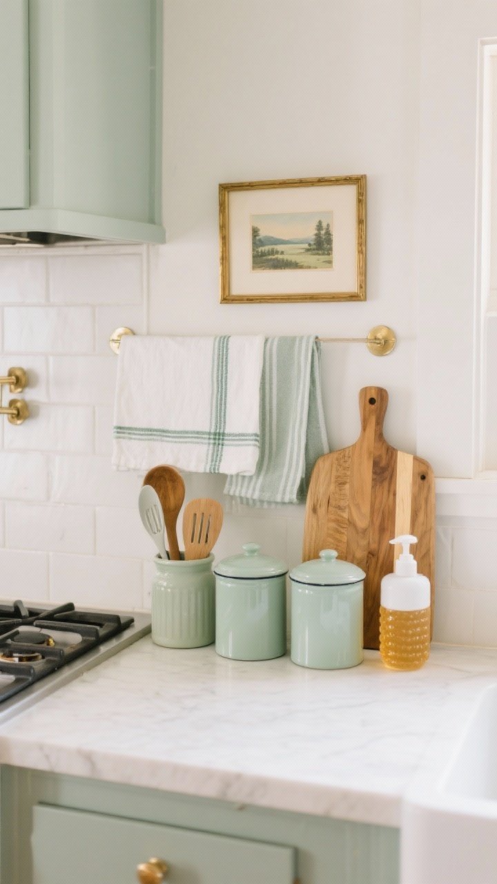 Medium, straight-on composition focused on a curated color story via accessories: pick one palette—Soft Sage + Cream + Honey Wood—echoed in tea towels, enamelware canisters, a sage utensil crock, honey-toned wooden cutting boards, and a warm white dish soap bottle; a small vintage landscape print in a brass frame hung with removable strips above the stove; gentle ambient light for cohesive, styled look.
