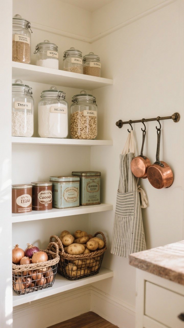 Medium, straight-on pantry nook vignette: narrow shelves with clear labeled glass jars of flour, sugar, oats; ventilated wire or woven baskets holding onions and potatoes; vintage tins for tea, cocoa, and baking powder; a slim rail with hooks nearby displaying an apron and a pair of small copper pans; organized yet charming, warm daylight, photorealistic