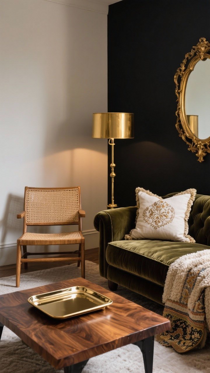 Medium straight-on shot: A material-mix vignette showcasing brass, blackened iron, walnut, rattan, linen, velvet, bouclé, and embroidered textiles repeated for cohesion. Include a walnut coffee table topped with a glossy lacquered tray, a cane (rattan) side chair, a brass floor lamp, and a brass-framed mirror. Seating: velvet sofa paired with a bouclé accent chair and embroidered pillows. Balance textures and sheens; warm, golden side lighting to highlight surfaces, photorealistic.