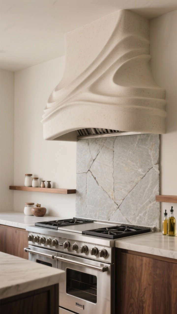 Medium straight-on shot: A statement range wall featuring a sculptural plaster hood with subtle curves, a full-height stone slab backsplash with minimal seams behind a stainless range, and a thin warm wood ledge holding salt cellars and cooking oils. The palette is quiet and layered, reading as calm luxury in soft, even lighting. No people, photorealistic.