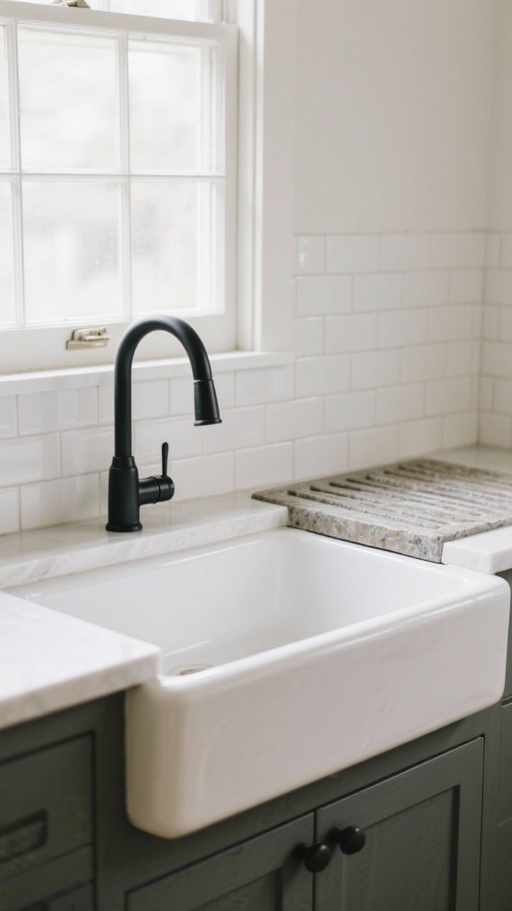 Medium straight-on shot at the sink wall: A refined apron-front farmhouse sink in white fireclay with sleek lines, paired with a high-arc matte black faucet. The backsplash tile runs up to the window sill for a custom look, and an integrated drainboard in matching stone sits beside the sink for a bespoke vibe. Calm daylight, minimal styling. No people, photorealistic.