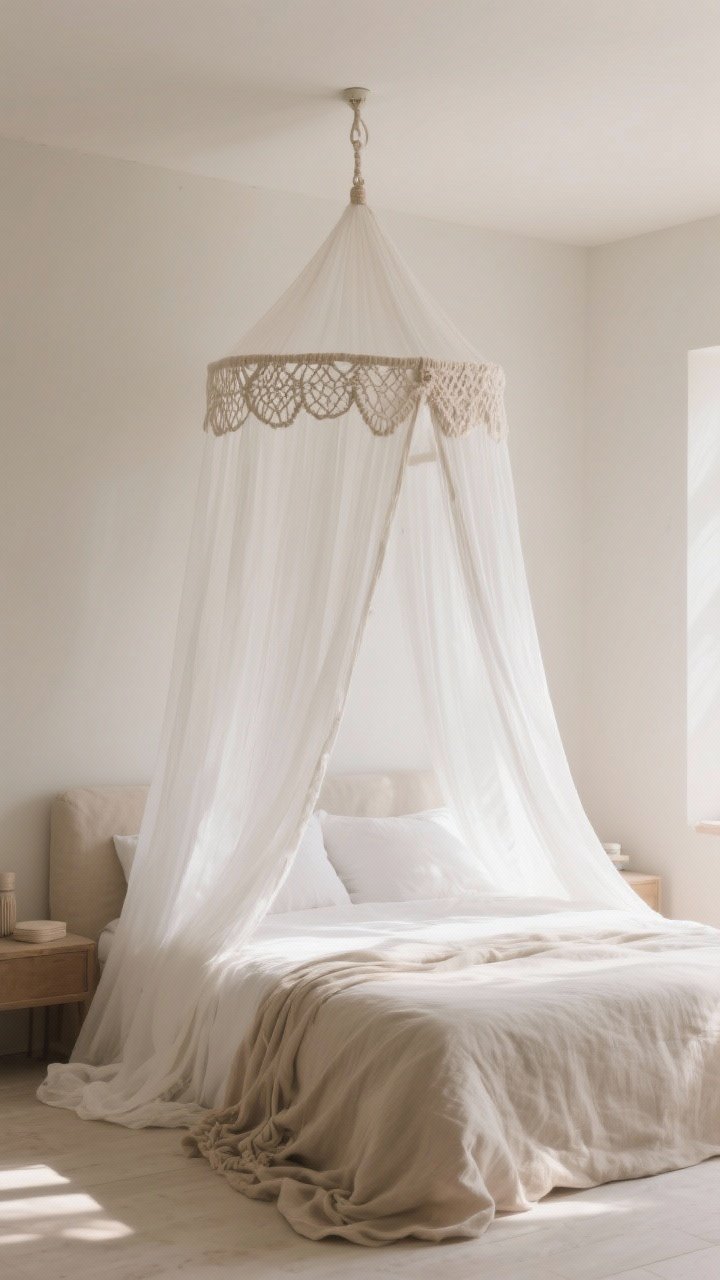 Medium, straight-on shot of a dreamy canopy setup: sheer white panels suspended from a single ceiling hook, draping lightly around the head of the bed; neutral muslin layered at the sides for subtle depth; a macramé accent band at the canopy’s tieback for texture; minimal bedside styling to keep the look ethereal; gentle morning light creating an airy, romantic atmosphere without heaviness.