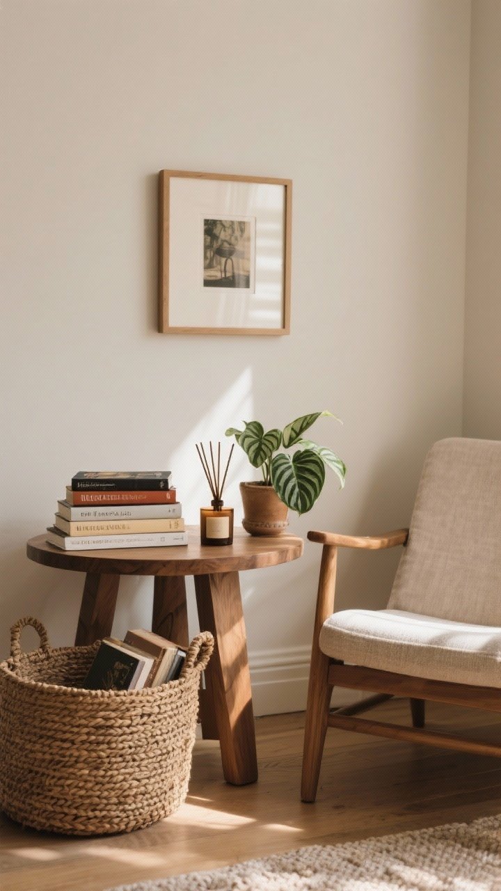Medium straight-on shot of soulful styling: 3–5 favorite books stacked on the side table, more books in a woven texture basket on the floor, a single framed print hung lower so it relates to the chair, and a low-fuss plant like a ZZ plant beside the chair; a cedar candle or reed diffuser on the table as a signature scent cue; relaxed, lived-in composition with warm natural light