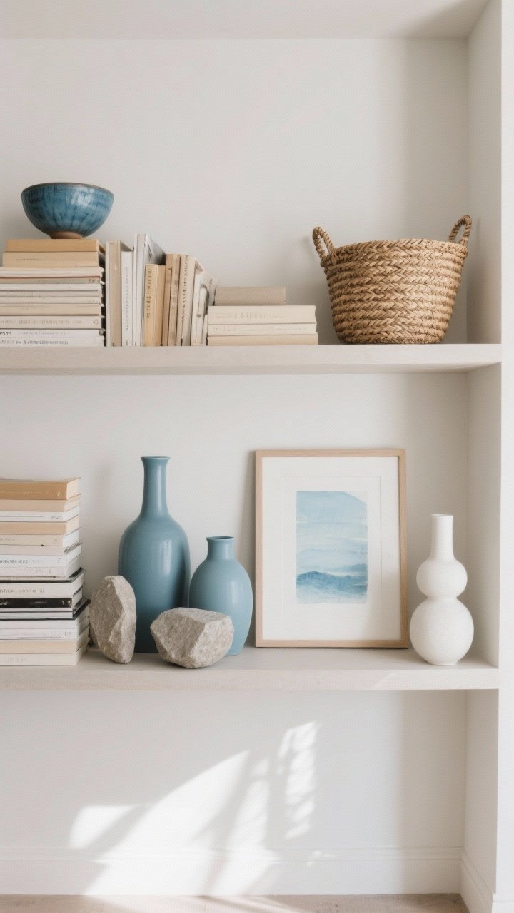Medium, straight-on shot of styled shelves the slow-living way: two-thirds functional stacks of neutral books and woven baskets, one-third decorative with a glacier blue pottery bowl, matte vases in glacier blue, stone, and white at varying heights, and a small framed print with soft blue tones leaning casually; clean breathing room, clutter-free; photorealistic, soft daylight.