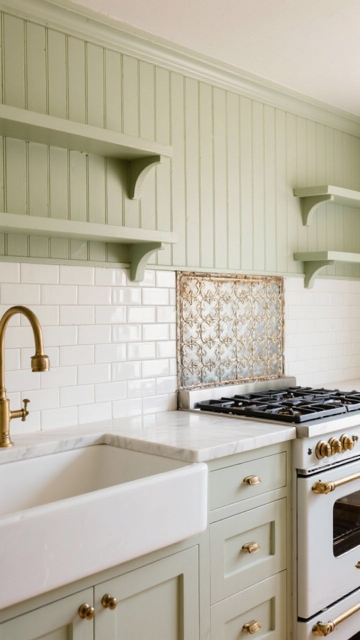 Medium straight-on view of a backsplash wall showing three vintage options integrated: beadboard painted semi-gloss in sage behind open shelves, a run of 7/8” beveled subway tile with slightly darker grout near the sink, and a small zone of antique-style pressed tin panels behind the stove as a statement; cohesive palette of whites and creams with brass accents; clean, classic mood.