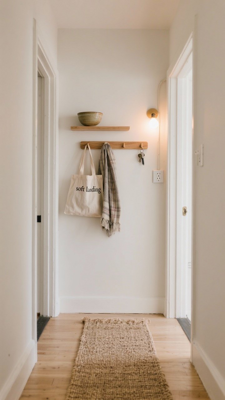 Medium, straight-on view of a small apartment entry “soft landing” setup: a narrow jute runner on light wood floors, a simple natural wood peg rail with a canvas tote and scarf hanging, a thrifted ceramic bowl on a slim wall-mounted shelf for keys, and a plug-in sconce with a warm 2700K LED bulb casting a cozy glow; keep palette neutral (oat beige, creamy white) with minimal clutter and soft, calm mood.