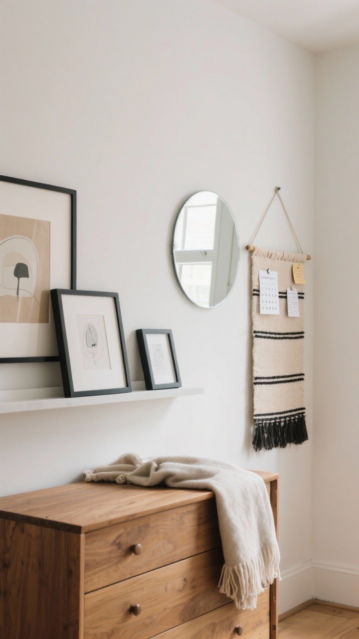Medium straight-on view of a wall vignette with soft, personal layers: framed art leaned on a floating shelf and atop a dresser (no nails), consistent frames in black and natural wood; a lightweight throw/tapestry hung with removable hooks adds texture; a medium round mirror opposite a window bounces light; include an oversized minimalist calendar or pinboard styled with notes; gentle daylight and a calm, cohesive mood.