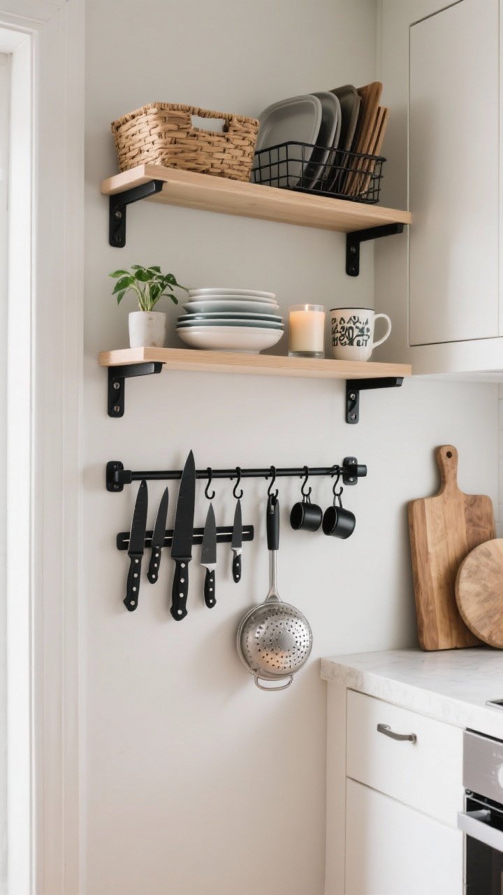 Medium, straight-on wall-focused shot in a tiny kitchen showcasing vertical storage: a black magnetic knife strip neatly holding knives, a black metal rail system with hooks displaying measuring cups, a ladle, and a small colander; two floating shelves above—one with everyday dishes, one styled with a small plant, a candle, and a unique mug—each with visible 20% breathing room; over-cabinet baskets storing baking sheets and cutting boards vertically; cohesive black metal brackets and rails against a light neutral wall, bright even daylight, photorealistic.