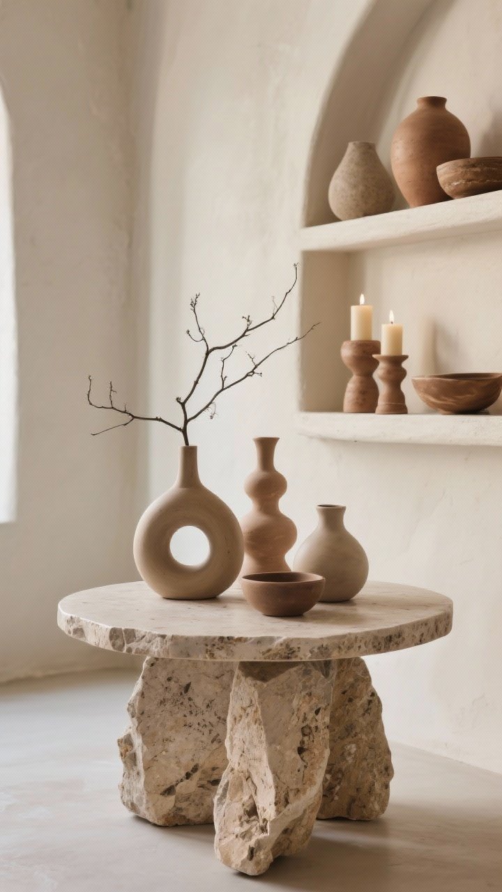 Medium tabletop vignette: Stone, clay, and ceramic accents—travertine side table hosting unglazed ceramic vases in organic shapes (some empty, one with simple branches), clay candleholders and bowls arranged on a nearby shelf; mix of rough and smooth finishes; soft side lighting to emphasize material weight.