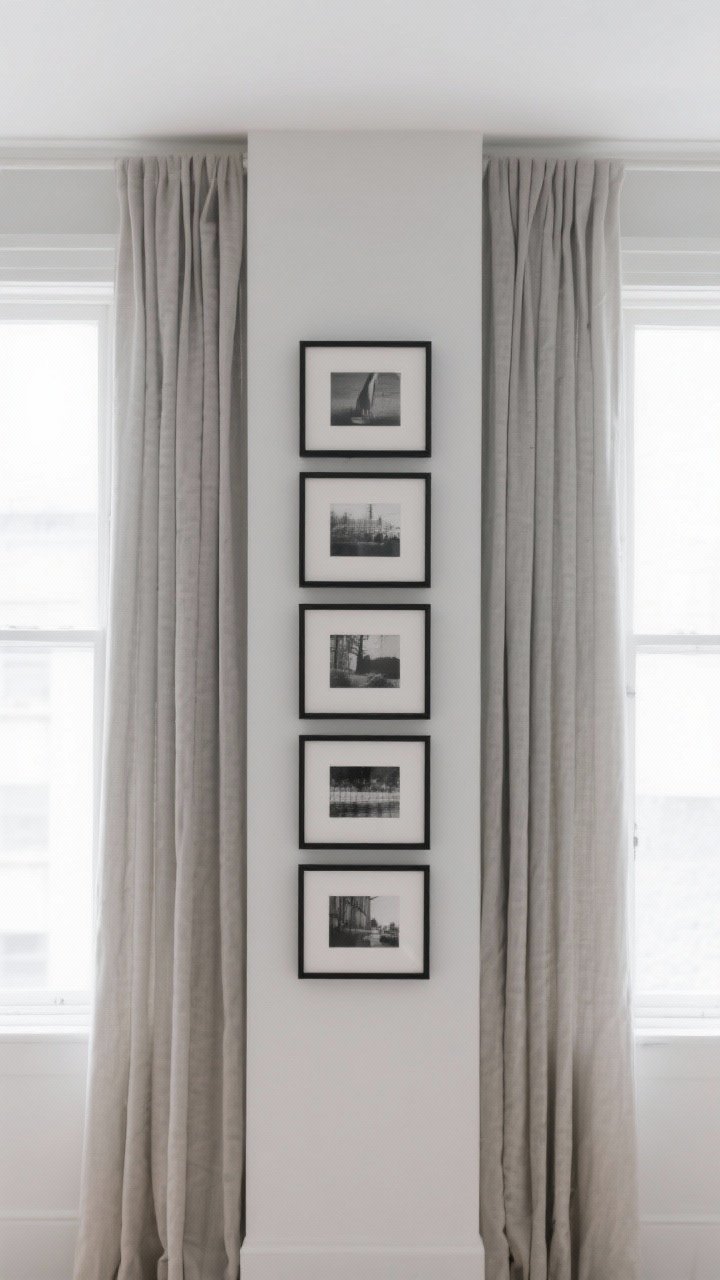 Medium vertical shot of a narrow wall between two windows featuring “The Soft Column”: a tidy stack of five frames with matching widths but varied heights, a slightly larger piece centered in the column; spacing consistent and airy; matte black frames with off-white mats, subtle grayscale photography; ceiling-height curtains nearby to emphasize verticality; bright, diffused daylight lifting the space.