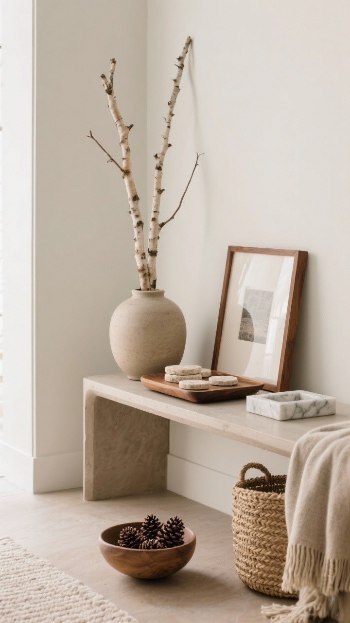Medium vignette of organic neutral accents on a console: tall birch branch arrangement in an unglazed ceramic vase, oak tray holding travertine coasters and a marble catch-all, walnut photo frame leaning against the wall; seagrass basket on the floor for throws; a single bowl of pinecones as the natural focal point; restrained, curated look with warm undertones, gentle daylight, photorealistic, no people.
