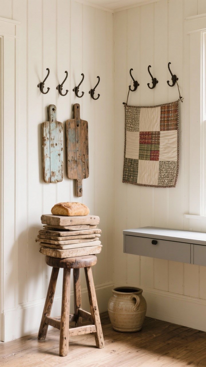 Medium vignette of vintage character pieces: an antique wooden stool, a stack of weathered bread boards, iron hooks on a beadboard wall holding a quilt, and a ceramic crock on the floor; balanced with a clean-lined modern console to keep the look fresh; soft warm daylight, authentic patina and wear, no people.