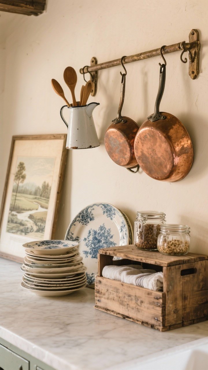 Medium vignette of vintage farmhouse touches on a counter: patinaed copper pans hanging on a rail, an enamel pitcher holding wooden spoons, a small stack of mismatched ironstone plates, a weathered wooden crate storing linens, glass jars with dry goods, and a leaned vintage landscape print; warm, cozy light emphasizing age and character