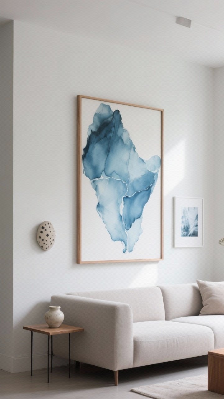 Medium wall shot: A living room wall featuring one oversized abstract artwork with glacier blue washes, framed in thin natural maple, centered over a sofa; nearby, a small ceramic wall piece and a minimalist photograph with icy tones to subtly mix media. Clean gallery feel, reduced visual noise. Soft indirect daylight. Photorealistic, slight side angle.