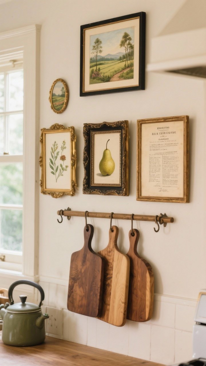Medium wall vignette of kitchen art with fairytale charm: small-to-medium pastoral landscape, botanical prints, still life with pears, and a framed vintage recipe page; mixed frames in antique gold, black, and warm wood; pieces layered above a peg rail and slightly in front of cutting boards, clustered near a window; cozy, not gallery stark; soft side lighting, photorealistic.