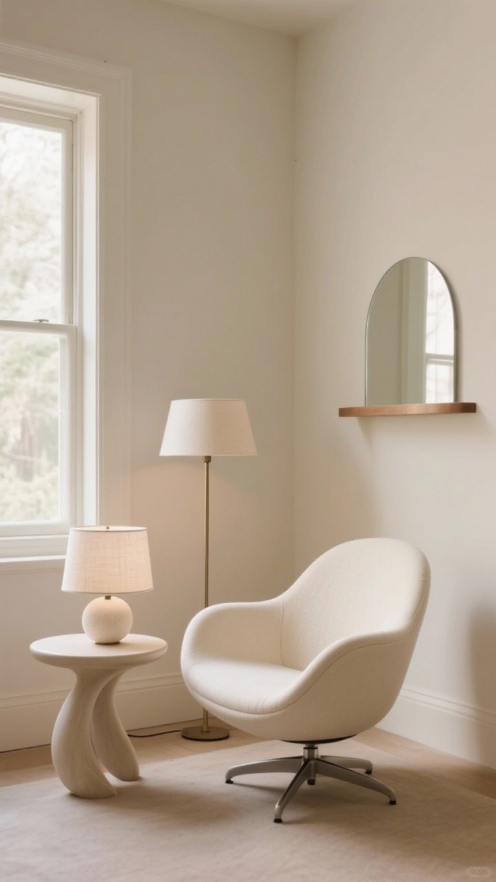 Medium/wide corner angle: Layout showcasing shape and flow—an ivory curved swivel chair angled toward a window and floor lamp, oval side table echoing the curves, circular linen lamp shade, and an arched mirror on the wall; a rounded wall shelf balances a corner; clear path of 30–36 inches visible as negative space; small-space-friendly proportions with a slim floor lamp; serene mood, soft natural light defining the curves.