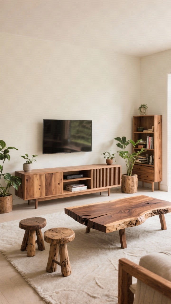 Medium-wide corner angle: Mixed natural woods—live-edge coffee table (walnut) centered, slatted oak media console below a wall-mounted TV, vintage pine stools used as plant pedestals, ash bookshelf; all warm undertones with a natural oil finish (no plastic shine); neutral backdrop with creamy walls and soft daylight.