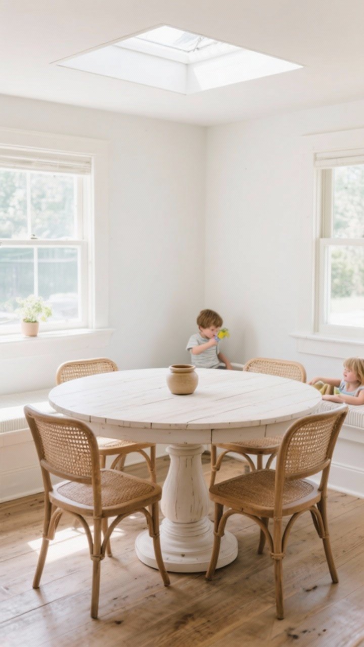 Medium-wide nook: A round pedestal farmhouse table with a clean, uncarved pedestal base in whitewashed oak, no corners, surrounded by woven or wishbone chairs; placed in a bright breakfast nook with easy circulation and kid-friendly spacing; light, airy vibe with simple low centerpiece (small crock); overhead skylight glow plus window light, three-quarter angle; photorealistic.