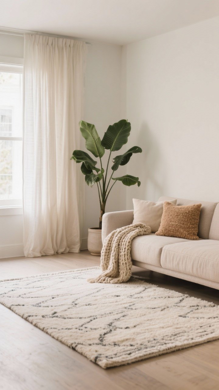 Medium-wide shot: A cozy minimalist living room layered for warmth—one large 8x10 rug (low-medium pile, subtle pattern) anchors the seating zone; a linen sofa carries two pillow textures max (linen and boucle) in matching warm neutrals. A single chunky knit throw is draped over the sofa arm. Light, airy curtains hang high and wide to lift the ceiling. A tall sculptural rubber plant in a simple pot stands as the single greenery moment. Tone-on-tone palette, soft daylight, tranquil and inviting.
