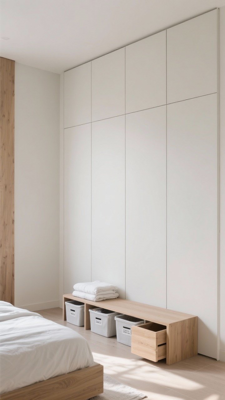 Medium-wide shot from a corner angle: Built-in floor-to-ceiling wardrobes flush with the wall in an oak or matte white finish, reading as a single clean plane; a storage bench at the foot of the bed holding linens; low, lidded, labeled under-bed bins partially visible when a drawer is opened; consistent material palette; soft midday light; no plastic clutter.