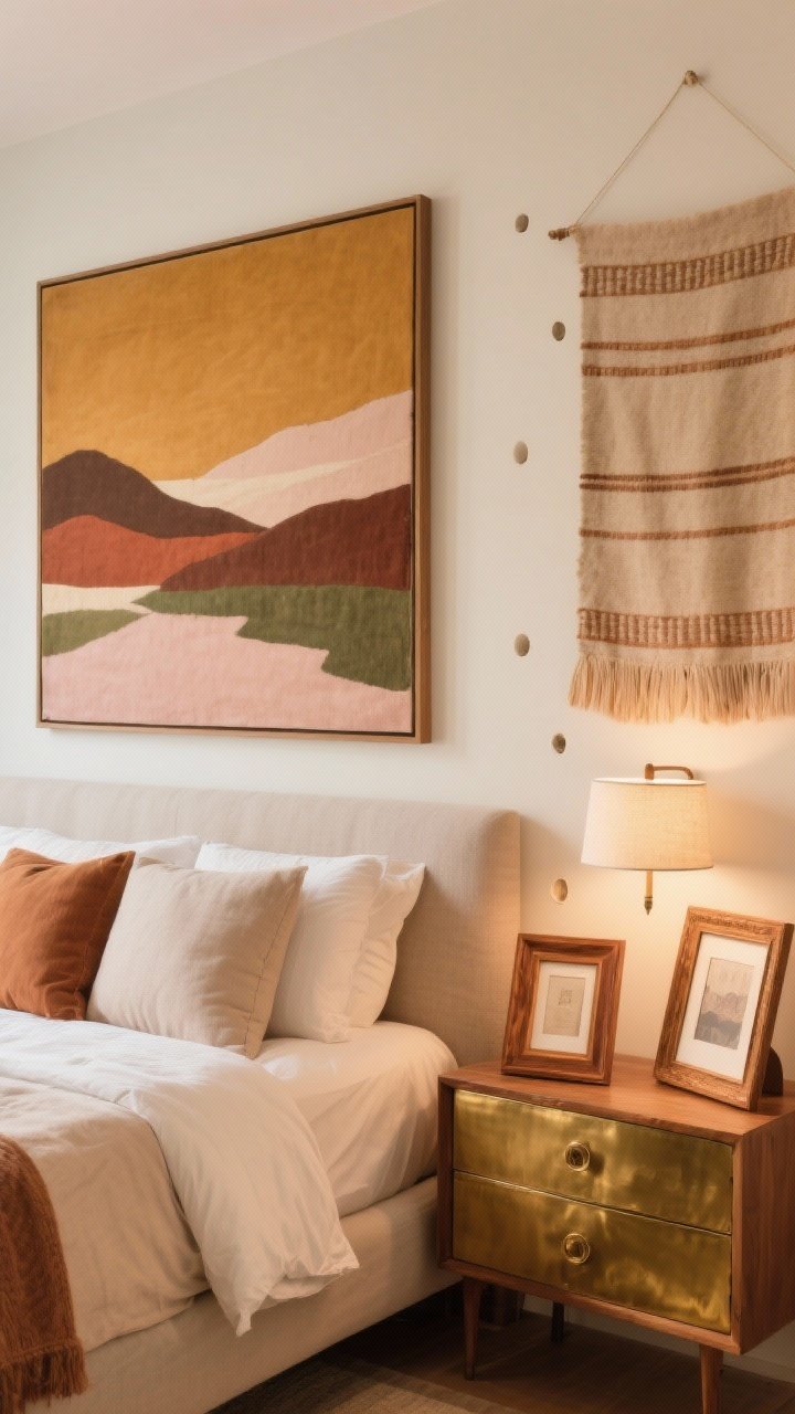 Medium/wide shot from a straight-on angle: A cozy bedroom wall treatment without a gallery wall—one oversized art piece above the bed (landscape or abstract in ochre, rust, cocoa, blush, moss), a soft fabric wall hanging or tapestry on an adjacent wall for sound absorption, and a couple of leaning frames in warm wood or antiqued brass on a dresser for easy swap-outs. Cohesive warm palette, gentle ambient lamp light, minimal holes, photorealistic.