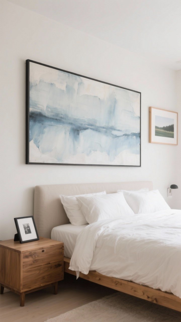 Medium/wide, straight-on: Edited art moment—above the bed, one large soft abstract wash in blues and grays in a thin black metal frame; opposite wall holds a calm landscape in a light wood frame; on the nightstand, a tiny framed black-and-white print leaning casually. Whisper-soft palette throughout with cream bedding and warm wood to tie it together.