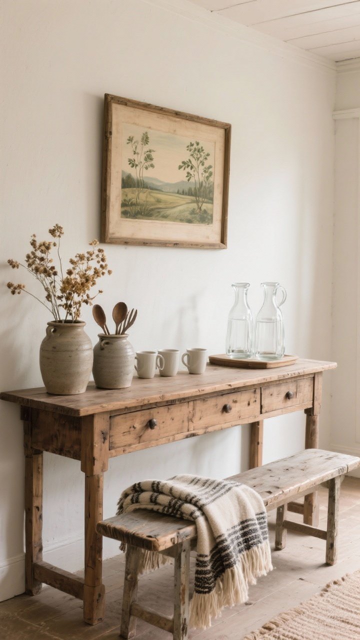 Medium-wide vignette: Antique finds with soul in a clean farmhouse setting. A vintage pine console repurposed as a hydration/tea station with glass carafes and mugs; stoneware crocks holding utensils and dried flowers; handwoven blanket draped over a weathered bench; simple wood-framed landscape and botanical art on the wall. Balance one statement antique with streamlined surroundings, warm ambient light, serene mood.