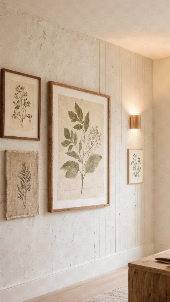 Medium-wide wall view: Earthy art and wall details—limewash feature wall in creamy off-white, thin-slat wood paneling on adjacent section, an oversized muted botanical print in a natural oak frame as the focal piece; additional small textured canvases and botanical sketches in walnut frames; warm, indirect lighting.