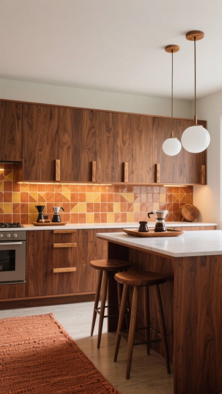 Mid-century modern kitchen, medium shot: walnut flat-front cabinets with edge pulls, teak accents, geometric tile backsplash in earthy terracotta and mustard tones, simple white globe pendants, tapered-leg counter stools, a textured runner in terracotta on the floor, a vintage teak tray styled with espresso gear, warm ambient lighting that keeps it cozy, photorealistic.