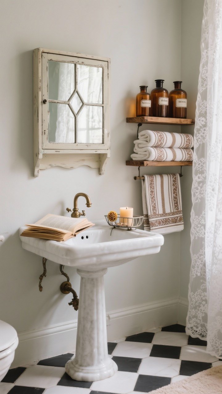 Minimal, spa-like bathroom closeup/medium: pedestal sink and vintage medicine cabinet with beveled glass reflecting soft light; freestanding wooden shelf stacked with striped Turkish towels; amber bottles filled with bath salts; clawfoot bath caddy with an open book and beeswax candle; black-and-white hex tile floor; lace curtain filtering serene morning light; apothecary vibe.