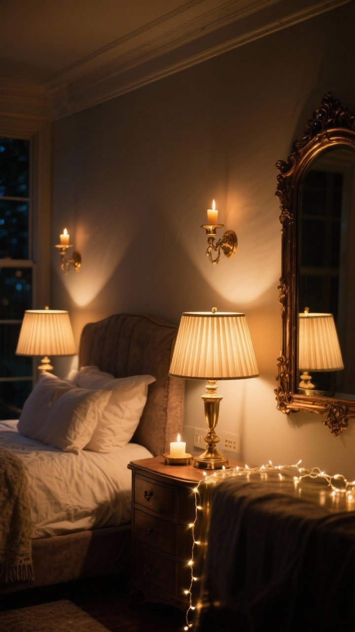 Nighttime medium shot focused on layered warm lighting: pair of bedside lamps with pleated shades using 2700K bulbs, a small shaded table lamp on a dresser for ambient glow, and a subtle string of fairy lights draped sparingly across an ornate mirror; dimmer-controlled, candlelit mood with no harsh overhead lighting; aged brass and oil-rubbed bronze finishes reflecting a soft golden-hour warmth; photorealistic.