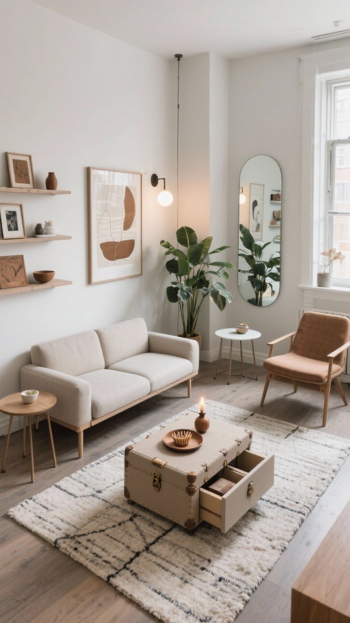 Overhead and slight corner angle hybrid shot of a small modern apartment living room optimized for flow: a modular low-profile loveseat on legs revealing more floor, a storage ottoman/trunk as coffee table, nesting tables partially pulled out, and floating shelves displaying edited art/objects. A correctly sized rug with the front legs of seating placed on it for cohesion, one hero plant near a window, one large art piece, and a small round table softening a tricky corner with an angled accent chair. Mirrors opposite the window to bounce light. Quick styling tray on the ottoman with a candle, tiny vase, and match bowl. Neutral base with 1–2 neutrals plus 2 earthy accents; two to three light sources present; photorealistic, uncluttered.