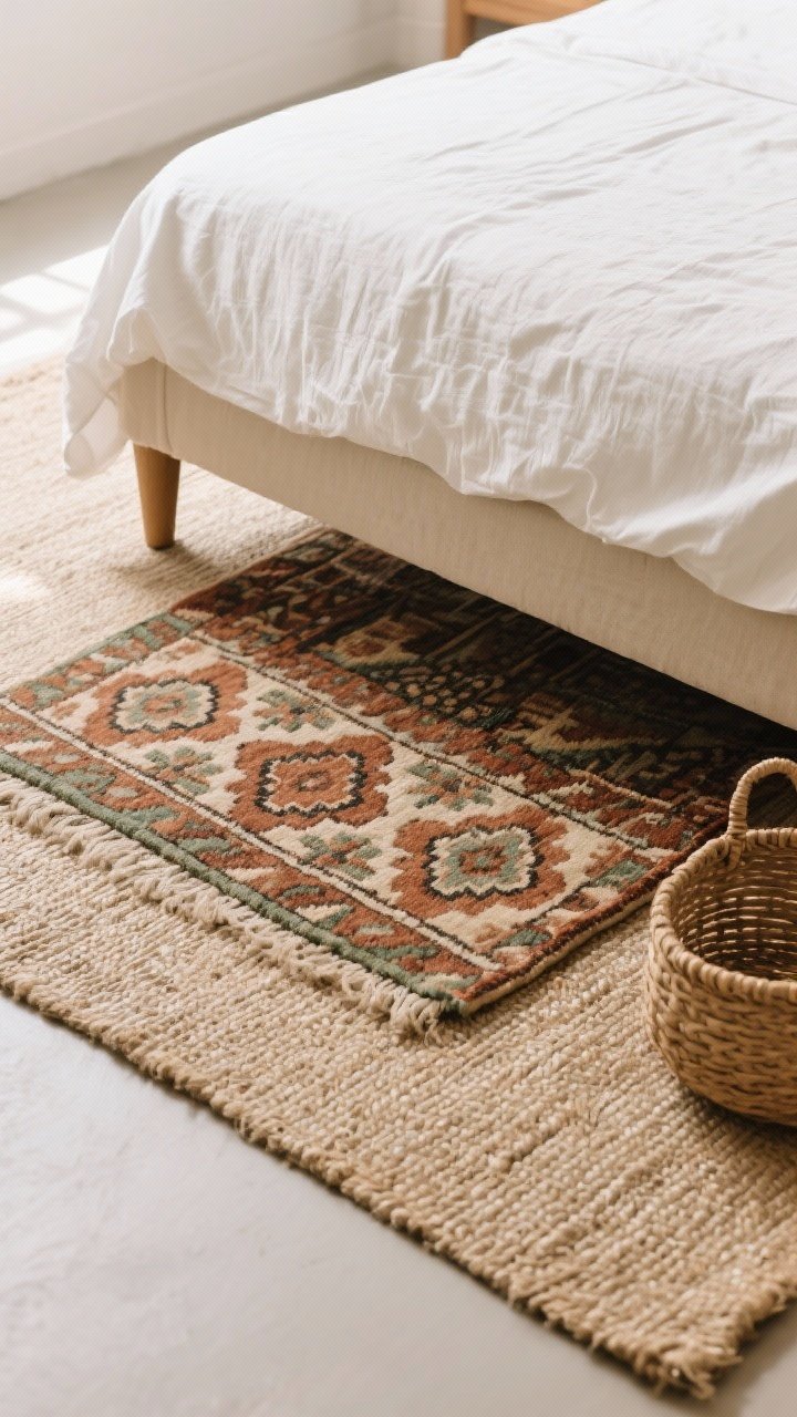 Overhead angle emphasizing layered rugs: a large neutral jute base rug under a bed’s front legs, topped with a vintage-inspired kilim in clay, rust, and sage patterns; the bed frame subtly visible at the top of frame with white linen falling onto the rugs; soft diffused daylight to highlight the contrast in weave and print; include a small woven basket at rug’s edge for scale.