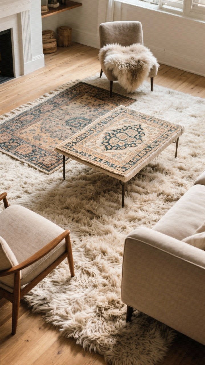 Overhead angle: living room floor styling with an oversized plush high-pile rug anchoring the space; on top, a smaller vintage-inspired patterned rug layered near a wool flatweave and a sheepskin for texture; front legs of sofa and chairs on rug; warm, diffused light highlighting fibers; calm acoustics implied.