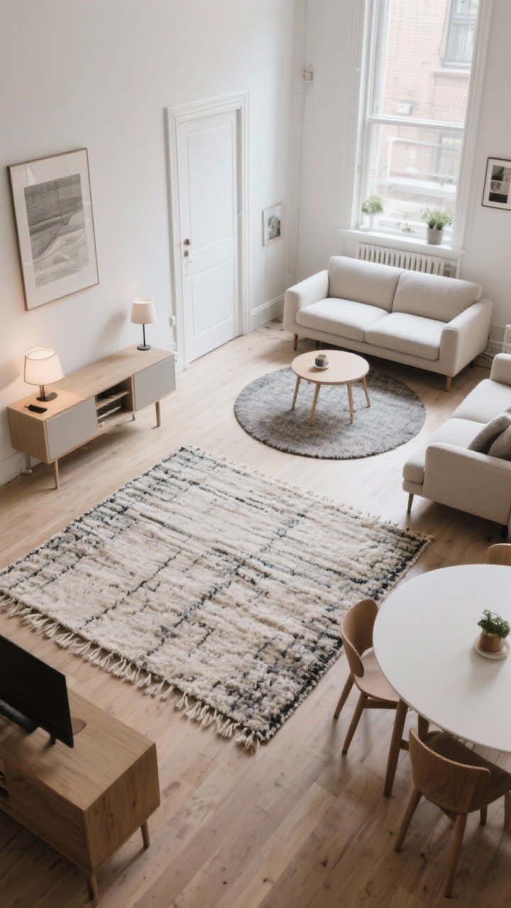 Overhead/angled wide shot of a function-first floor plan in a small apartment living-dining combo: defined zones via a large wool rug under seating with front legs on it, a separate smaller rug under a round dining table; low, leggy furniture to keep sightlines open; sofa floated a few inches off the wall with a slim console behind holding lamps and storage; clear flow paths, uncluttered; natural light unobstructed; measured proportions for rugs and pieces.